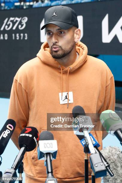 Nick Kyrgios speaks to the media during a South East Melbourne Phoenix NBL media opportunity at Rod Laver Arena on January 12, 2023 in Melbourne,...