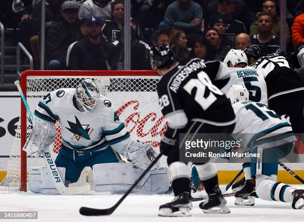 James Reimer of the San Jose Sharks in goal against the Los Angeles Kings in the first period at Crypto.com Arena on January 11, 2023 in Los Angeles,...