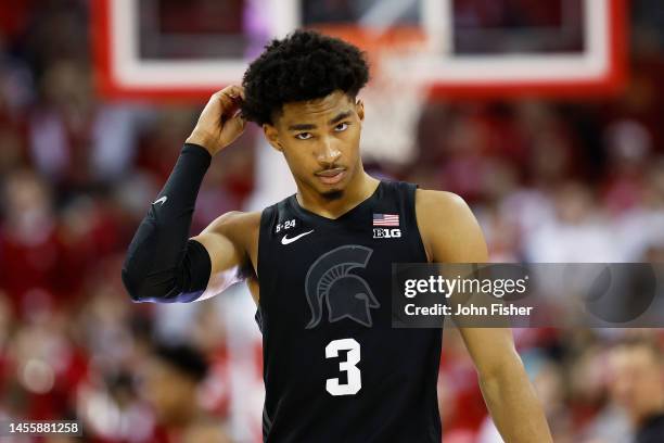 Jaden Akins of the Michigan State Spartans during the second half of the game against the Wisconsin Badgers at Kohl Center on January 10, 2023 in...