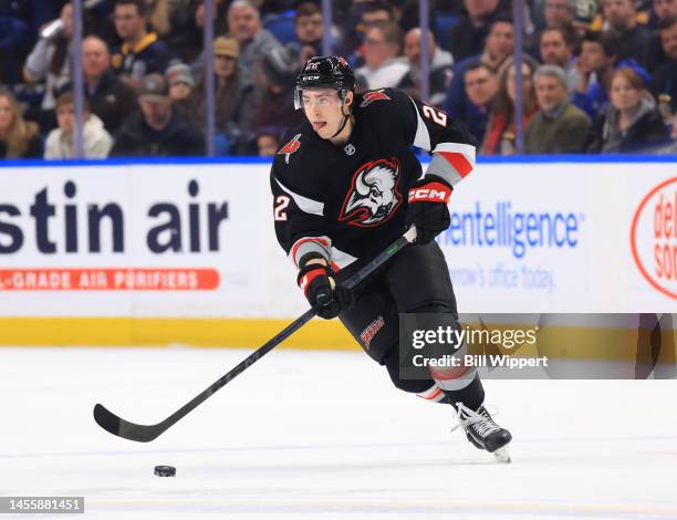 Jack Quinn of the Buffalo Sabres skates with the puck against the Minnesota Wild during an NHL game on January 7, 2023 at KeyBank Center in Buffalo,...