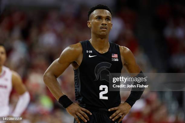 Tyson Walker of the Michigan State Spartans looks on during the second half of the game against the Wisconsin Badgers at Kohl Center on January 10,...
