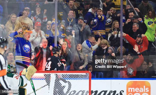 Fans of the Buffalo Sabres react to a goal against the Minnesota Wild during an NHL game on January 7, 2023 at KeyBank Center in Buffalo, New York.