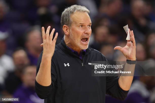 Head coach Chris Collins of the Northwestern Wildcats reacts against the Rutgers Scarlet Knights during the second half at Welsh-Ryan Arena on...