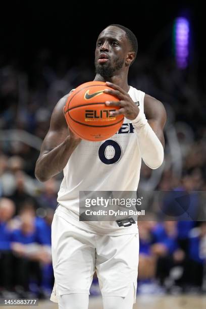 Souley Boum of the Xavier Musketeers attempts a free throw in the second half against the Creighton Bluejays at the Cintas Center on January 11, 2023...