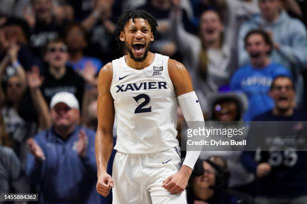 Jerome Hunter of the Xavier Musketeers reacts after making a shot in the first half against the Creighton Bluejays at the Cintas Center on January...
