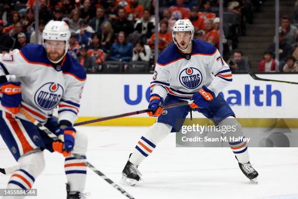 Vincent Desharnais of the Edmonton Oilers defends during the second period of a game against the Anaheim Ducks at Honda Center on January 11, 2023 in...