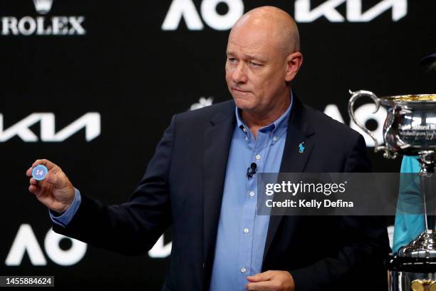 Australian Open referee Wayne McKewen is seen during the official draw ahead of the 2023 Australian Open at Melbourne Park on January 12, 2023 in...