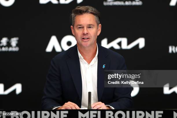 Todd Woodbridge speaks during the official draw ahead of the 2023 Australian Open at Melbourne Park on January 12, 2023 in Melbourne, Australia.