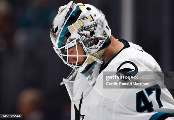 James Reimer of the San Jose Sharks in goal against the Los Angeles Kings in the second period at Crypto.com Arena on January 11, 2023 in Los...