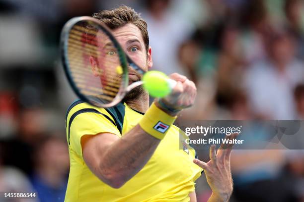 Quentin Halys of France plays a forehand in his single quarter final against Jenson Brooksby of the USA during day four of the 2023 ASB Classic Men's...