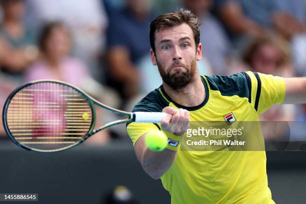Quentin Halys of France plays a forehand in his single quarter final against Jenson Brooksby of the USA during day four of the 2023 ASB Classic Men's...
