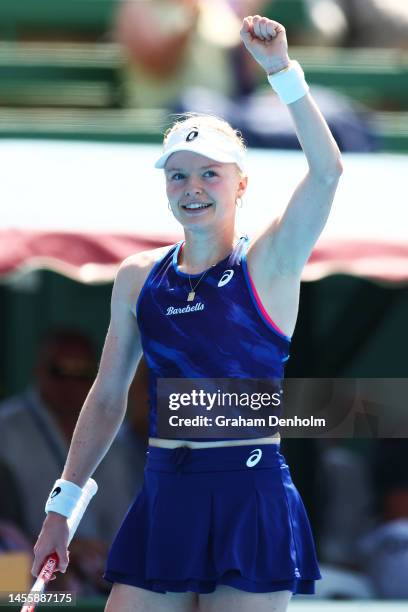 Harriet Dart of Great Britain celebrates a point in her match against Linda Fruhvirtova of the Czech Republic during day three of the 2023 Kooyong...