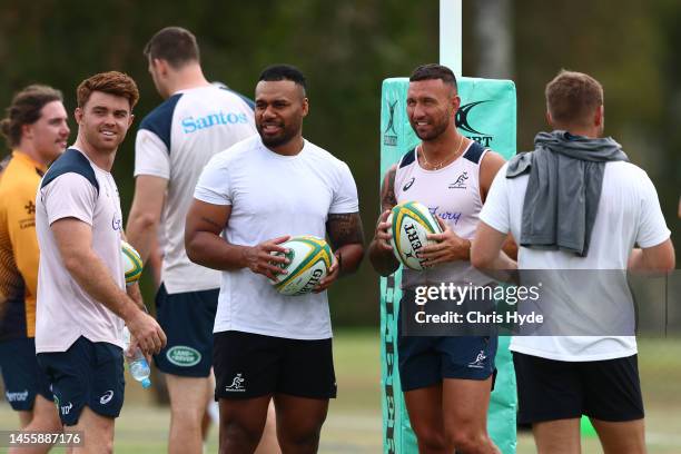 Samu Kerevi and Quade Cooper during an Australian Wallabies training camp at Sanctuary Cove on January 12, 2023 in Gold Coast, Australia.