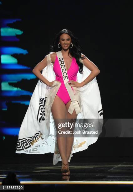Miss Greece, Korina Emmanouilidou walks onstage during the 71st Miss Universe preliminary competition at New Orleans Morial Convention Center on...