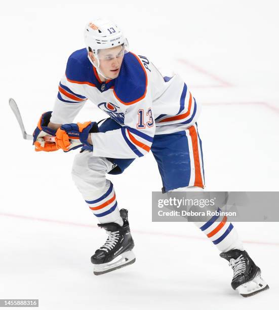 Jesse Puljujarvi of the Edmonton Oilers during the second period against the Anaheim Ducks at Honda Center on January 11, 2023 in Anaheim, California.