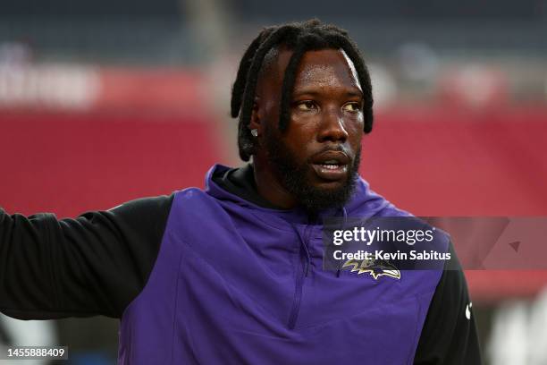 Jason Pierre-Paul of the Baltimore Ravens warms up prior to an NFL football game against the Tampa Bay Buccaneers at Raymond James Stadium on October...