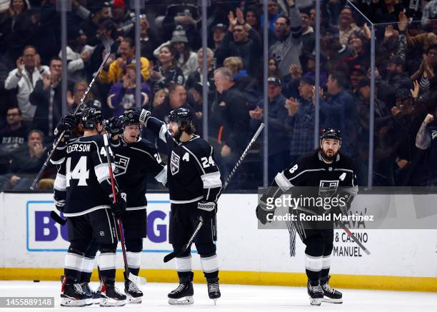 Drew Doughty of the Los Angeles Kings celebrates a goal against the San Jose Sharks in the third period at Crypto.com Arena on January 11, 2023 in...