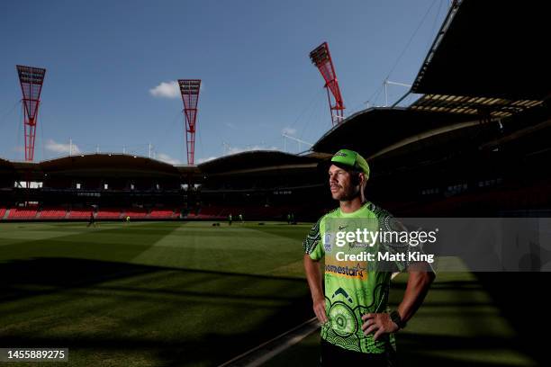 David Warner speaks to the media during a Sydney Thunder BBL media opportunity at Sydney Showground Stadium on January 12, 2023 in Sydney, Australia.