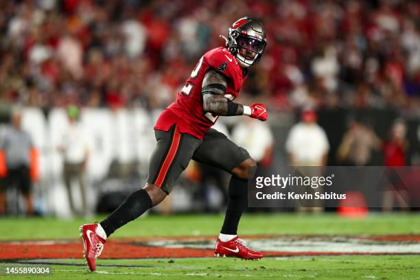 Keanu Neal of the Tampa Bay Buccaneers defends in pass coverage during an NFL football game against the Baltimore Ravens at Raymond James Stadium on...