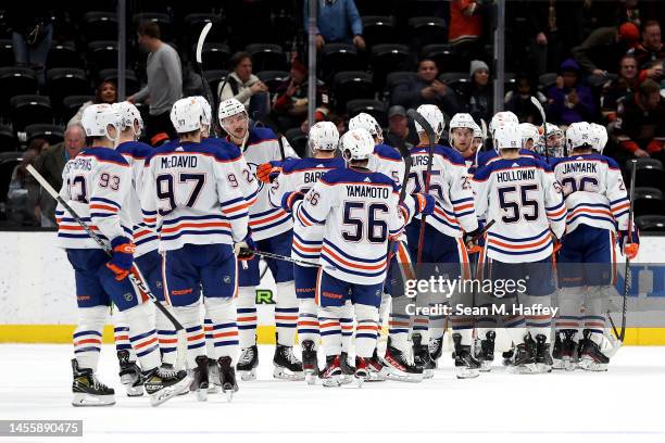 The Edmonton Oilers celebrate after defeating the Anaheim Ducks 6-2 in a game at Honda Center on January 11, 2023 in Anaheim, California.