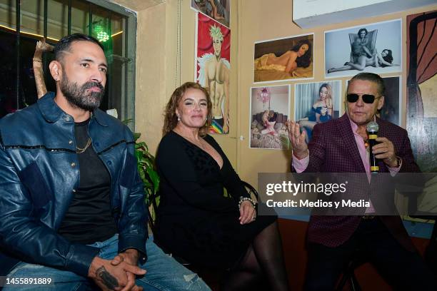 Osiris Orozco, Tita Bravo and Alfredo Adame speak during the press conference on the project 'Calendario Ejecutivo 2023' at Cabaretito on January 11,...