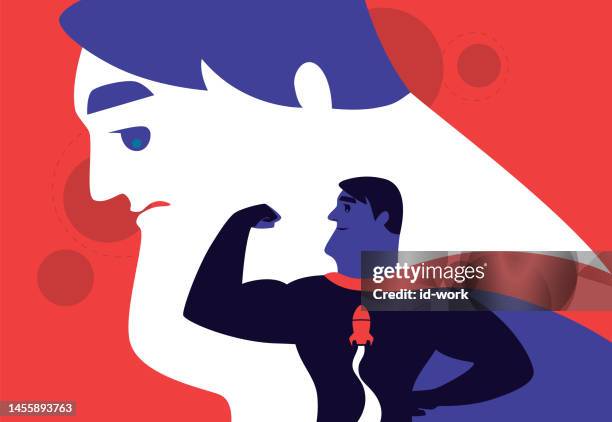 super hero flexing arm beside sad man - erectile dysfunction stock illustrations