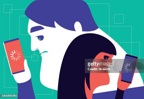 tired couple back to back looking at smartphones and waiting for data loading - slow internet stock illustrations