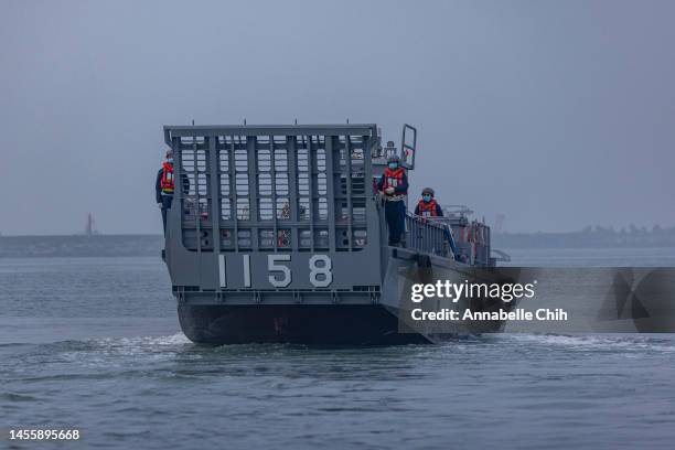 Landing Craft Mechanised departs during the two-day routine drills to show combat readiness ahead of Lunar New Year holidays at a military base on...