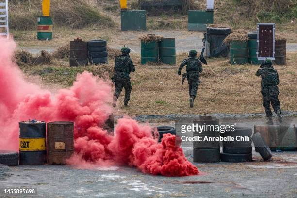 Taiwan's armed forces hold two days of routine drills to show combat readiness ahead of Lunar New Year holidays at a military base on January 12,...