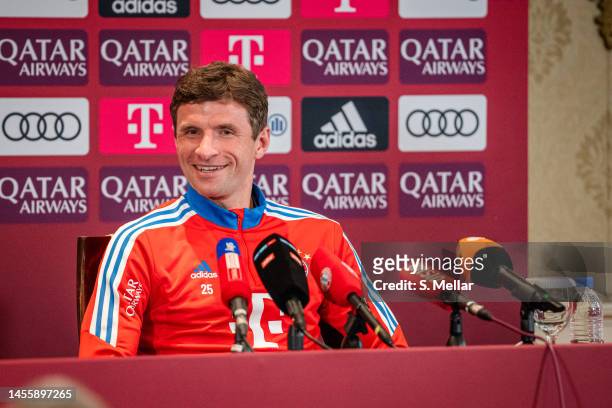 Thomas Mueller of FC Bayern Muenchen at a press conference on January 09, 2023 in Doha, Qatar.