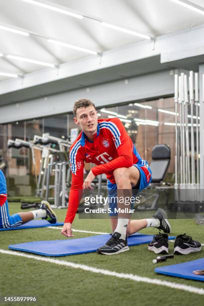 Benjamin Pavard of FC Bayern Muenchen in the gym during a training session on January 11, 2023 in Doha, Qatar.