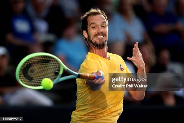 Richard Gasquet of France plays a forehand in his singles quarter final match against David Goffin of Belguim on day four of the 2023 ASB Classic...