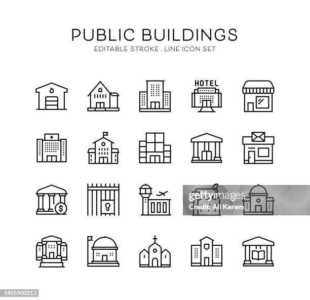 illustrazioni stock, clip art, cartoni animati e icone di tendenza di edifici pubblici, ufficio postale, stazione dei pompieri, centro uffici, biblioteca, icone del negozio - politica e governo