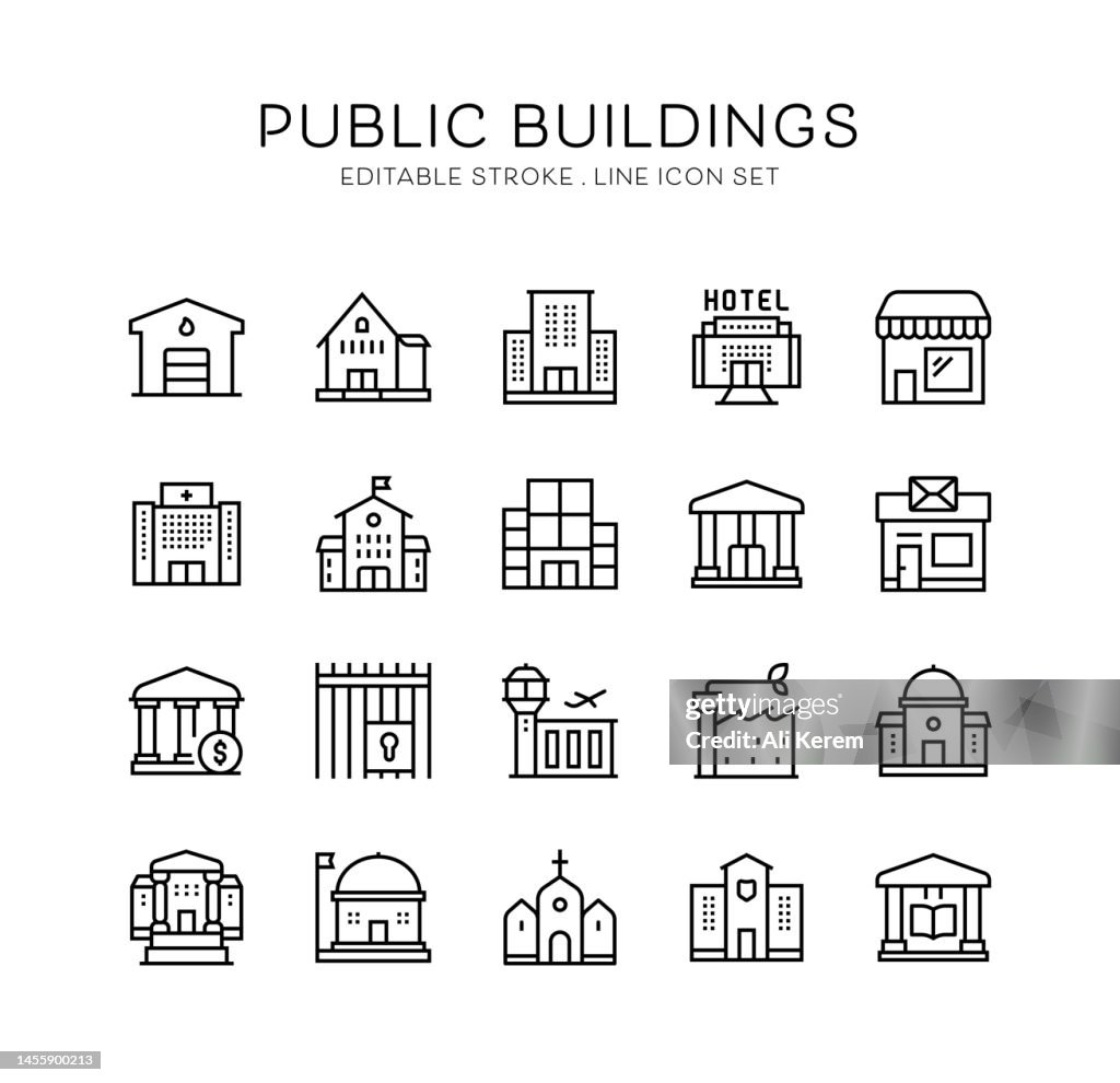 Public Buildings, Post Office, Fire Station, Office Center, Library, Store Icons