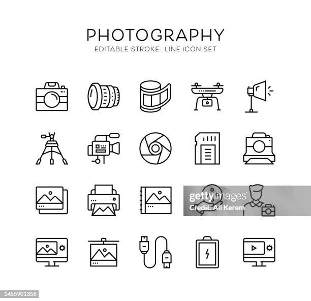 ilustraciones, imágenes clip art, dibujos animados e iconos de stock de fotografía, cámara, fotógrafo, fotos, iconos de lentes - equipo de montaje