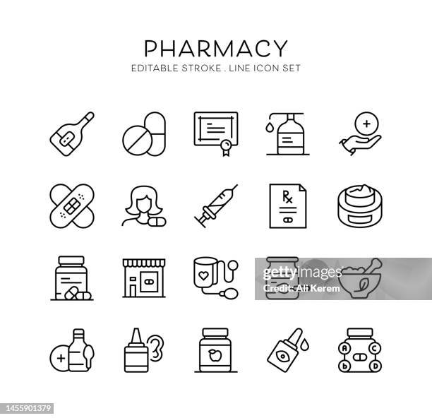 pharmacy line icon set. drug, pharmacist, syrup, vitamins icons. - syringe enema stock illustrations