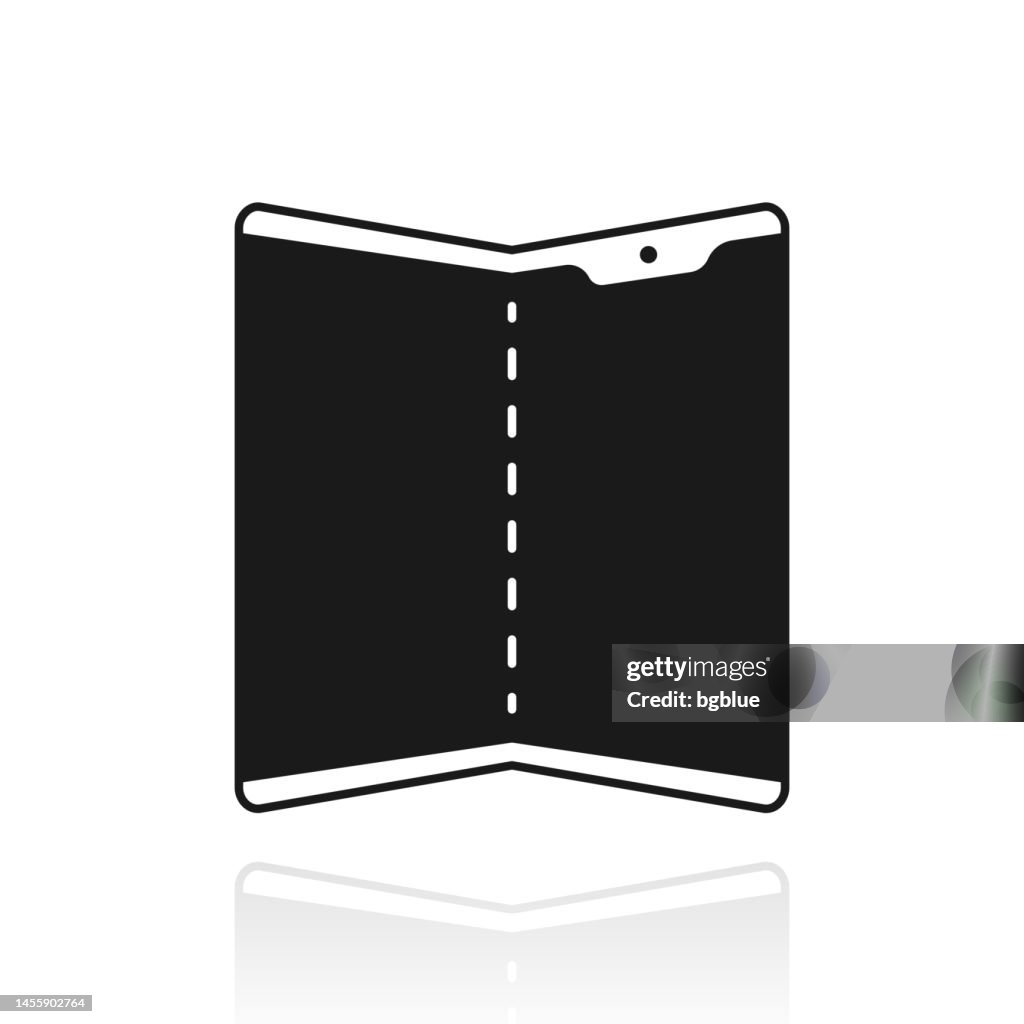 Foldable mobile phone. Icon with reflection on white background