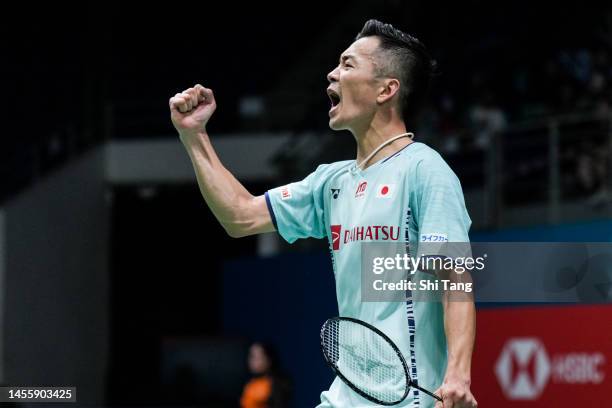 Kenta Nishimoto of Japan celebrates the victory in the Men's Singles Second Round match against Jonatan Christie of Indonesia on day three of...