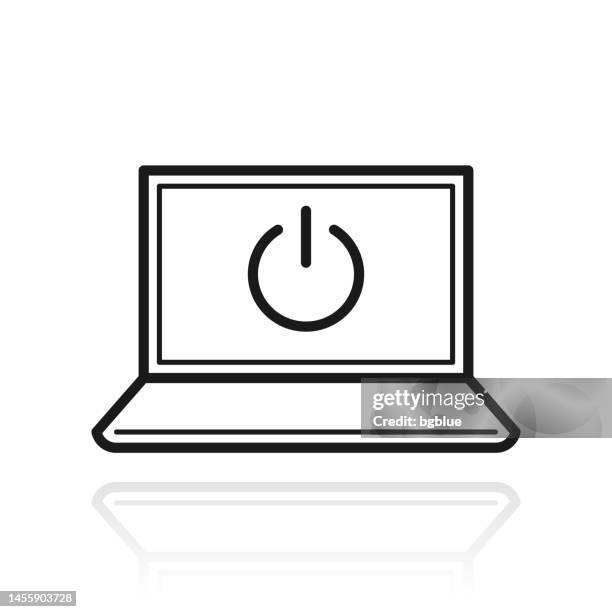 laptop with power button. icon with reflection on white background - start or stop button stock illustrations