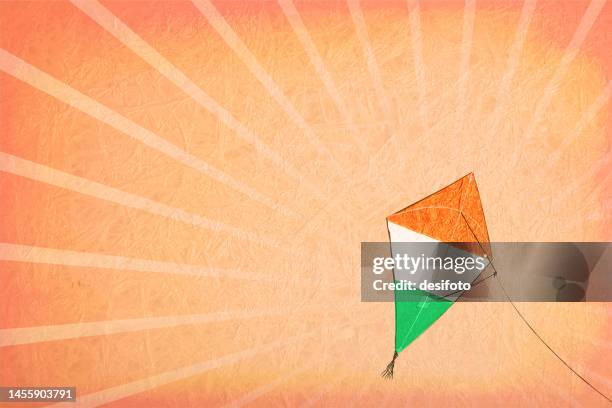 light pastel peach colored scratched grunge textured effect wall with sunburst in background and one big dark brown colour solid three dimensional abstract flying kite in tricolor design or saffron white and green with string and rays copy space for text - makar sankranti stock illustrations