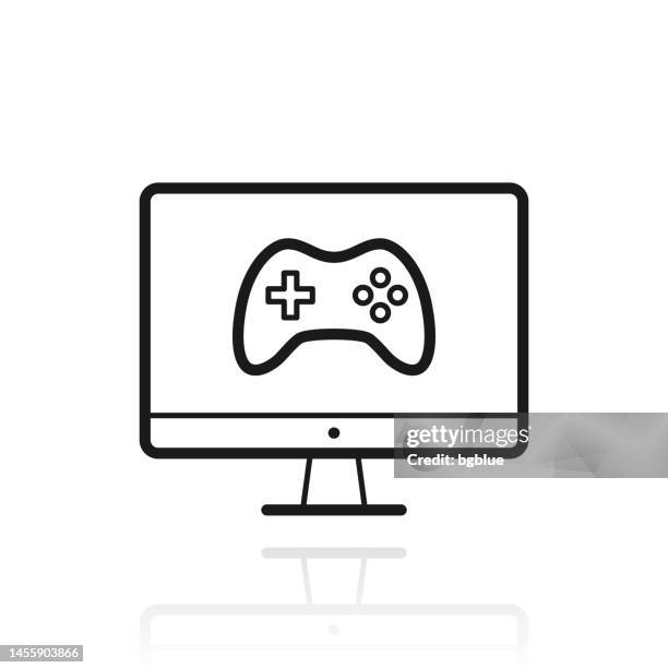 video game on desktop computer. icon with reflection on white background - gaming controller white stock illustrations