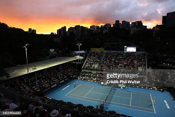 David Goffin of Belguim against Richard Gasquet of France on day four of the 2023 ASB Classic Men's at the ASB Tennis Arena on January 12, 2023 in...