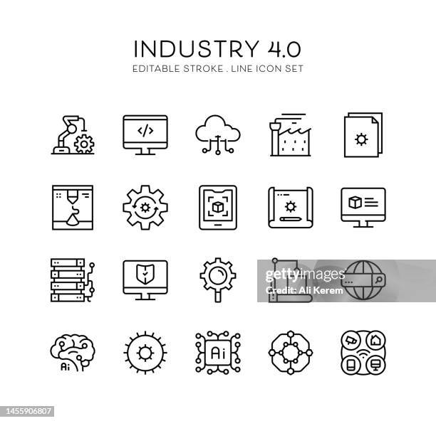 industry, optimization, automation, smart factory, cyber security icons - construction tools close up stock illustrations