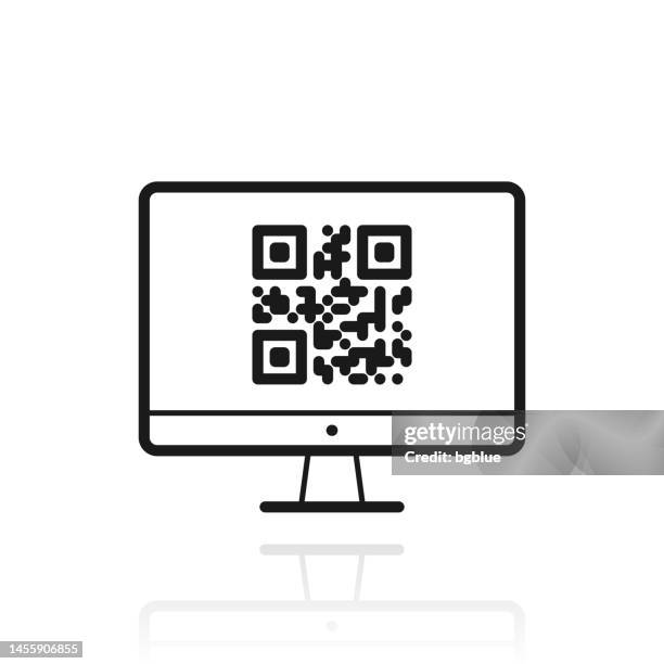 desktop computer with qr code. icon with reflection on white background - reading label stock illustrations