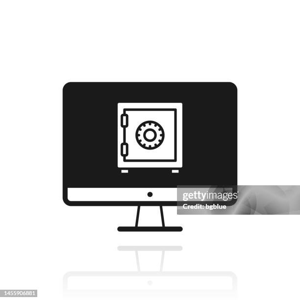 desktop computer with safe box. icon with reflection on white background - desktop computer screen close stock illustrations