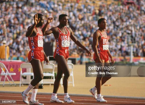 American athletes Thomas Jefferson, Carl Lewis and Kirk Baptiste at the final of the Men's 200 Metres event at the 1984 Summer Olympics in the Los...