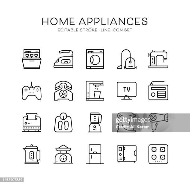 stockillustraties, clipart, cartoons en iconen met home appliances, kettle, oven, dishwasher, iron, sewing machine icons - elektrische kachel