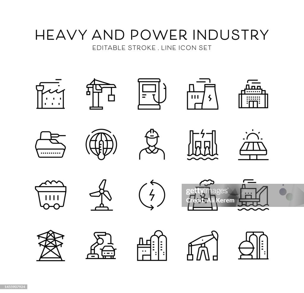 Heavy and Power Industry, Nuclear Plant, Transmission Tower, Power Plant, Factory Production, Construction Industry Icons