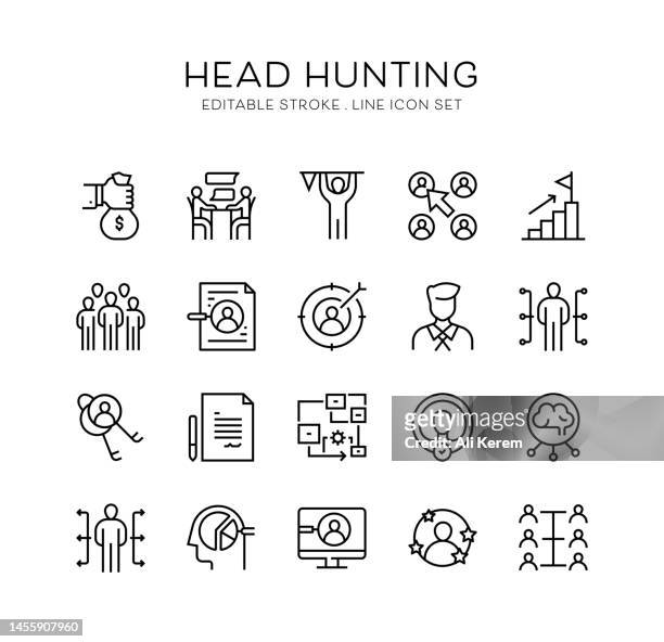 head hunting, candidates, staff, skills, choosing icons - qualification round stock illustrations