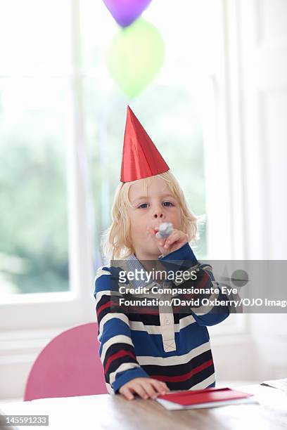 boy wearing party hat  blowing party horn blower - party horn blower bildbanksfoton och bilder